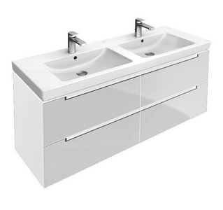 Тумба 1287хh520х449мм, д/двойной раковины 1300мм, 4 выдвижн. отделения, крепеж в компл., (цв.DH Glossy White, ручка цв.серебро матов.),  ZZ Villeroy & Boch Subway 2.0 A69900DH