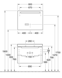 Тумба 787хh520х449мм, д/раковины 800мм,(2 выдв.отдел., 3 контейн.д/акс., 4 алюм.штанги, 2стекл.перег., креп.в ком.,(цв. FQ дуб графит.) Subway 2.0ZZ