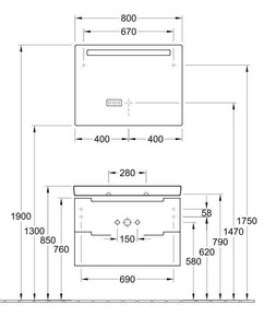Тумба 787хh520х449мм, д/раковины 800мм,(2 выдв.отдел., 3 контейн.д/акс., 4 алюм.штанги, 2стекл.перег., креп.в ком.,(цв. FQ дуб графит.) ZZ Villeroy & Boch Subway 2.0 A69600FQ