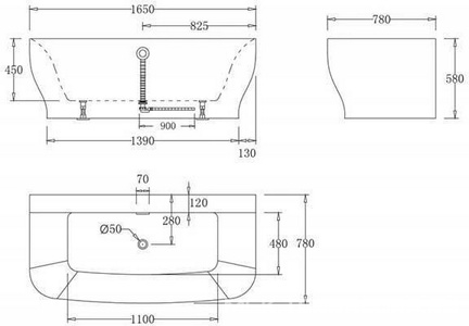 Ванна 1650x780xh580мм, пристенная, БЕЗ перелива, пробка слива цв.хром в комплекте, (акрил цв.белый), BelBagno ZZ BelBagno Универсал BB74-1650-W0