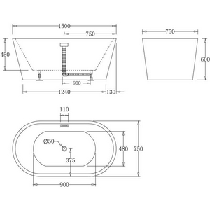 Ванна 1500x750xh600мм, акрил, отдельностоящая, слив-перелив цв.хром в комплекте, BelBagno ZZ BelBagno Универсал BB71-1500