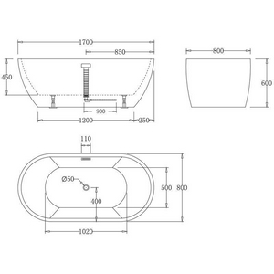 Ванна 1700x800xh600мм, акрил, отдельностоящая, слив-перелив цв.хром в комплекте, BelBagno ZZ BelBagno Универсал BB70-1700-800