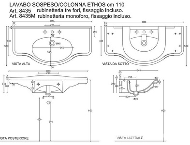 Раковина 110х54хh24см, с 3 отв.д/смесителя, (крепёж в копл.),  ZZ Galassia Ethos 8435