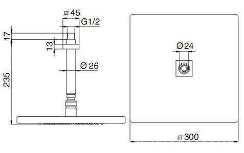 Душ верхний, стационарный, (квадр. 300х300мм) с потолочным кронштейном 235мм, декор накладка в компл., (цв. brush nikel), 3М ZZ 3M Showers 6510 JJ