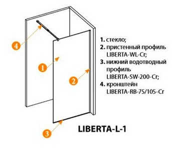 Душевая перегородка 850хh1950мм, правая/левая, (стекло прозрачное 8мм, поперечный кронштейн 700-1050мм, фурнит. цв.хром),  ZZ Cezares Liberta LIBERTA-L-1-85-C-Cr