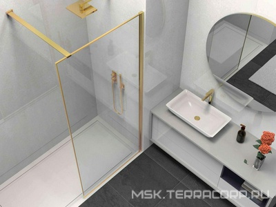 Душевая перегородка 900хh2000мм, правая/левая, (стекло прозрачное 8мм Easy Clean, укорачиваемый кронштейн 1200мм, фурнит.цв.браш.золото),  ZZ Vincea Walk-In VSW-1HS900CLG