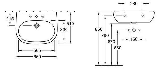 Раковина 650х510мм, с 1 отв.д/смесит., (цв. 01 белый)  ZZ Villeroy & Boch O.Novo 51606501