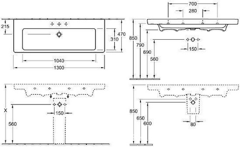 Раковина 1300х470мм, с 1 отв.д/смесит., без крепл., (цв. R1 white ceramicplus),  ZZ Villeroy & Boch Subway 2.0 7176D0R1