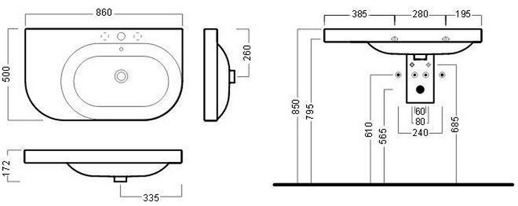 Раковина 860х500мм, с 1 отв.д/сесит., DX (правая), (БЕЗ креплен.YR47),  ZZ Hatria Daytime Y0YZ01