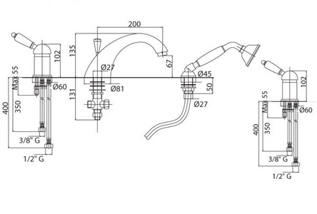 Смеситель для ванны встраиваемый в борт на 3 отв., с душевым гарнитуром (лейка, шланг), (цв.хром, ручка цв.белый),  ZZ Cezares Elite ELITE-BVDM-01-Bi