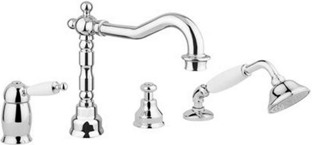 Смеситель для ванны, встраиваемый, на 4 отв., лейка, шланг в компл., (цв. хром, ручка цв. белый),  ZZ Gaia Canterbury RB6355 CR