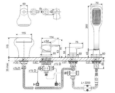 Смеситель для ванны, встраиваемый в борт ванны, с душ. гарнитуром на 4 отверстия, (цв.хром), -77 ZZ GNT Motana Motana-77