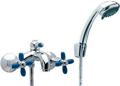 Смеситель для ванны, шланг, лейка, кронштейн д/лейки в компл., (корпус цв.хром вентили ручек цв.синий),  ZZ 3M Primavera 0600 CC P1