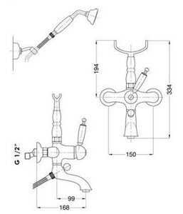 Смеситель для ванны, лейка, шланг, кронштейн в компл., (цв. хром, ручка цв. белый),  ZZ Gaia Canterbury RB 6302 CR
