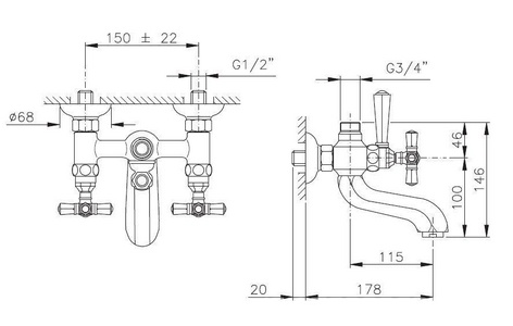 Смеситель для ванны, для монтажа со стац. верхним душем, (выход воды 3/4), (цв. бронза),  ZZ Nicolazzi Teide Four 1900 BZ 45