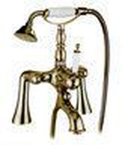 Смеситель для ванны, напольный, трубы 2шт., крепёж к сифону, лейка, шланг, кронштейн в компл., (цв. бронза, ручка цв. белый),  ZZ Gaia Canterbury RB 6300/C BR