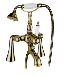 Смеситель для ванны, напольный, трубы 2шт., крепёж к сифону, лейка, шланг, кронштейн в компл., (цв. бронза, ручка цв. белый),  ZZ Gaia Canterbury RB 6300/C BR