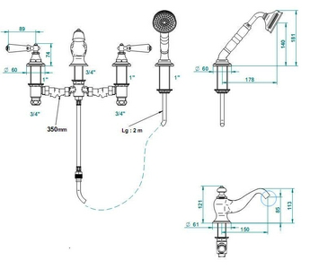 Смеситель на ванну встраив., на 4 отв., с душ.гарн., (цв. золото (Dore))  ZZ THG Vendome G47-F01-00112BG