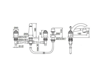 Смеситель для ванны, встраиваемый в борт на 5 отв., шланг, лейка д/д в компл., (цв. золото),  ZZ 3M Okay Swarovski 4671 DD