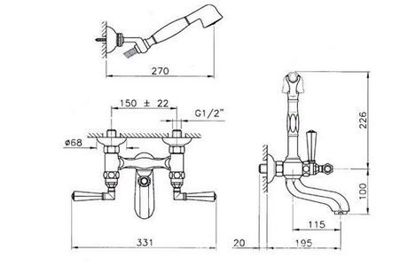 Смеситель для ванны с душевым гарнитуром и кронштеном (цв.латунь), Nicolazzi ZZ Nicolazzi Teide 1902 GB 05