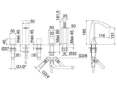 Смеситель для ванны, встраиваемый в борт на 5 отв., (излив, лейка, шланг, три ручки в компл.), (цв.  мат.),  ZZ 3M Arche 0706 NC