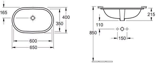 Раковина 600х350мм, без отв.д/смесит., устанавливаемая под столешницу, крепёж в компл., (цв. R1white alpin ceramicplus) O.Novo ZZ