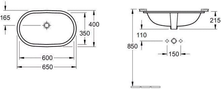 Раковина 600х350мм, без отв.д/смесит., устанавливаемая под столешницу, крепёж в компл., (цв. R1white alpin ceramicplus)  ZZ Villeroy & Boch O.Novo 416260R1