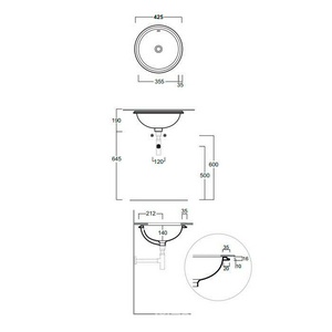 Раковина 42х42cм, круглая, встраиваемая в столешницу снизу, без отв. д/смес., с переливом, крепёж в компл., (цв. белый), Blanco ZZ Simas Универсал S 54