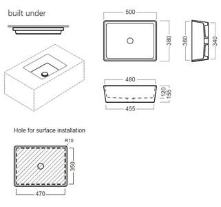Раковина для установки под столешницу, (встраиваемая снизу) 500х380хh120(155)мм, прямоуг, без отв. для смесит., крепёж в компл.,  11:15 ZZ Hatria Happy Hour YXSQ01