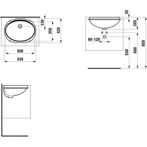 Раковина 530х405мм, без отв.д/смесит., без перелива, устанавливаемая под столешницу, (БЕЗ креплений арт.8.9904.0.000.000.1),  ZZ Laufen Birova 8.1119.1.000.000.1