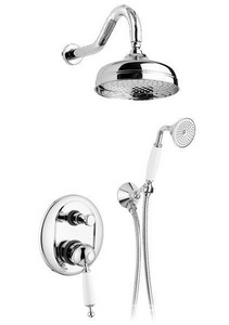Смеситель для душа, встаив. в стену с переключ., c верхн.стацион. душем 30см, лейка, шланг, кронштейн в компл., (цв. хром, ручка белая),  ZZ Gaia Canterbury RB 6398/30 CR