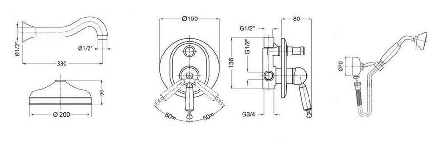 Смеситель для душа, встаив. в стену с переключ., c верхн.стацион. душем 30см, лейка, шланг, кронштейн в компл., (цв. хром, ручка белая),  ZZ Gaia Canterbury RB 6398/30 CR