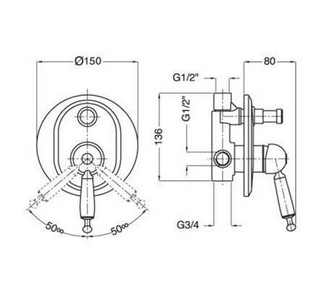 Смеситель для душа, встаиваемый в стену с переключателем, (цв. бронза, ручка цв. белый),  ZZ Gaia Canterbury RB6372 BR