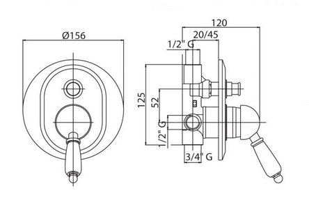 Смеситель для душа, встраиваемый в стену, с переключателем, (цв.золото, ручка цв.белый),  ZZ Cezares Elite ELITE-VDIM-03/24-Bi