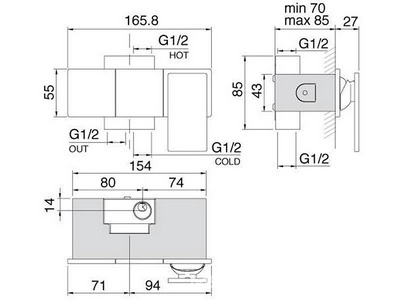 Смеситель душа, встраиваемый в стену 1 ручк., вертик., (цв. тертая сталь),  ZZ 3M 5mm RWIT 2808 IS 97