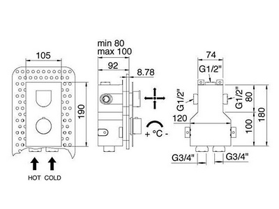 Смеситель-термостат для душа встраиваемый в стену, с переключателем, на 3 "Потребителя", (цв. чёрный/хром),  ZZ 3M Ran 7572RN NC