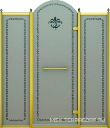 Дверь в нишу 1300x2118мм, (1275-1325)xh2118, с двумя неподв. сегмен, "Правая" петли прав,(вход 560мм), (стек/мат с прозр/узор, 8мм, фурн/зол),Retro ZZ