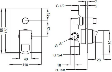 Смеситель для душа однорычажный c переключателем для скрытого монтажа (внешняя и внуренняя часть),  ZZ Cezares Levico LEVICO-VDIM-01-Cr