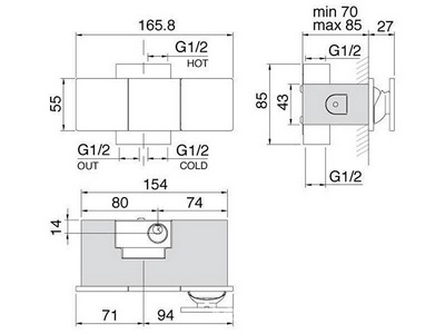 Смеситель душа, встраиваемый в стену 1 ручк., гориз., (цв. тертая сталь),  ZZ 3M 5mm RWIT 2808 IS 96