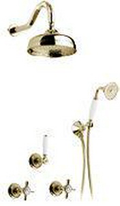 Смеситель для душа, встраив. в стену с переключ., c верхн.стацион. душем  20см, лейка, шланг, кроншт в компл., (цв. золото),  ZZ Gaia Princeton RB 820/20 OR