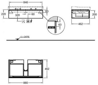 Тумба под раковину подвесная, 880хh220х462мм, 1 выдв.ящик, монтаж с раковиной 900мм, (цв. матовый серый), крепёж в компл.,  ZZ Geberit Xeno2 500.508.43.1