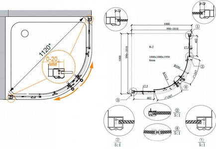 Душевой уголок 1000х1000хh1950мм, 1/4 круга, R550мм, две раздвижные  двери, (стекло прозрачное с мат.узором, 8мм, фурнит. цв.бронза),  ZZ Cezares Retro RETRO-A-R-2-100-SCORREVOLE-CP-Br