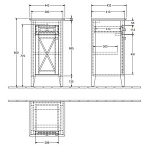Тумба с мраморной столешницей 440хh850х425мм, петли слева, (цв.орех, ручки-керамика цв.R2 Star white ceramicplus),  ZZ Villeroy & Boch Hommage 896410R2
