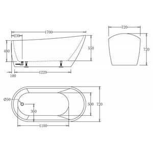 Ванна 1700x720xh720мм, акрил, отдельностоящая, БЕЗ перелива, пробка слива цв.хром в комплекте, BelBagno ZZ BelBagno Универсал BB62-1700-W0