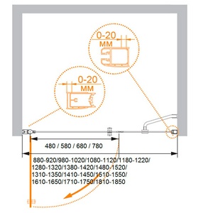 Дверь в нишу 1400хh1950мм, с неподв. сегментом, вход 800мм, петли справа/слева, (стекло прозр. 6мм, фурн/хром),  ZZ Cezares Elena ELENA-B-11-60+80-C-Cr