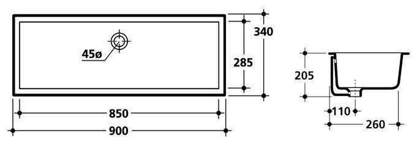Раковина для установки под столешницу, прямоугольная 950(900)х340(285)хh205мм, без отв. д/смесителя, крепёж в компл.,  ZZ Kerasan Slim 023001