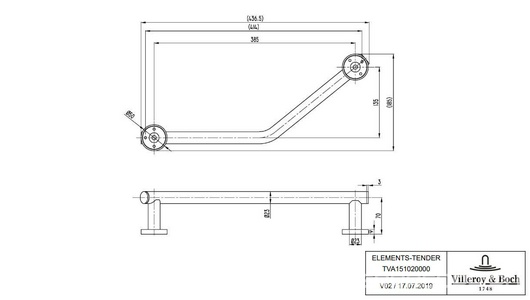 Поручень для ванны, настенный, L-образный 385мм, (цв.хром),  ZZ Villeroy & Boch Tender TVA15102000061