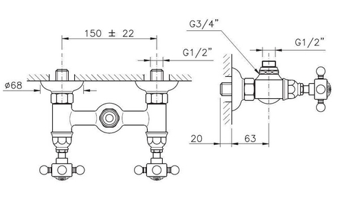 Смеситель для душа двухвентильный, (цв.гальван.золото, ручки Dames Anglaises), Nicolazzi ZZ Nicolazzi Tradizionale 1425 GB 18