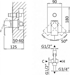 Смеситель для душа, встраиваемый в стену, с переключателем, (цв.белый матовый),  ZZ Cezares Porta PORTA-VDIM-BIO