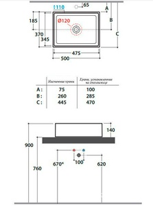 Раковина накладная на столешницу, прямоугольная 500х370хh140мм, без отв.д/смесит., без перелива,  ZZ Globo Forty3 FO050.BI